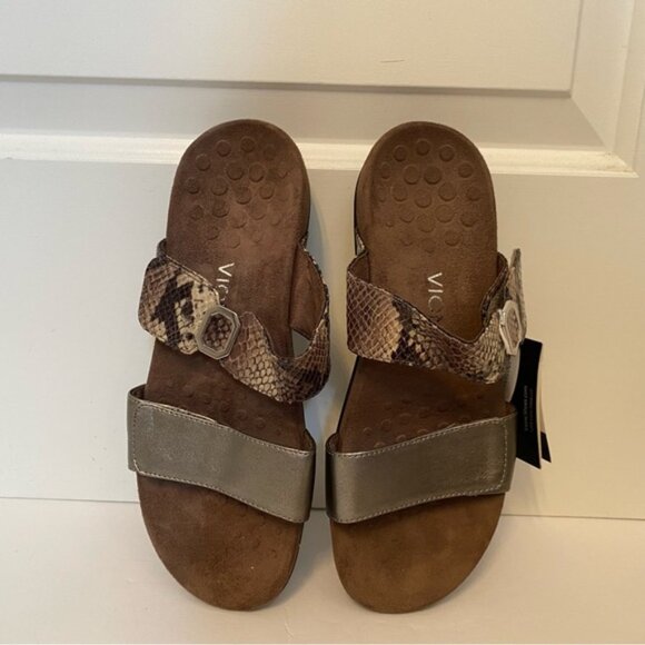 NEW VIONIC SHOES SANDALS 2 STRAP BROWN SNAKESKIN LOOK PEWTER SILVER - Picture 1 of 10